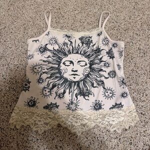 Sun and Moon Print Lace Trim Cami Top